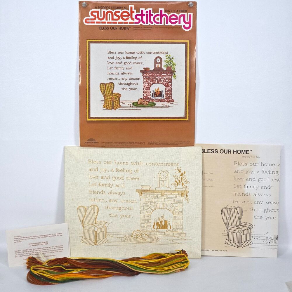 Vintage Sunset Stitchery Bless Our Home Fireplace Sampler 11×14 Complete Cottage